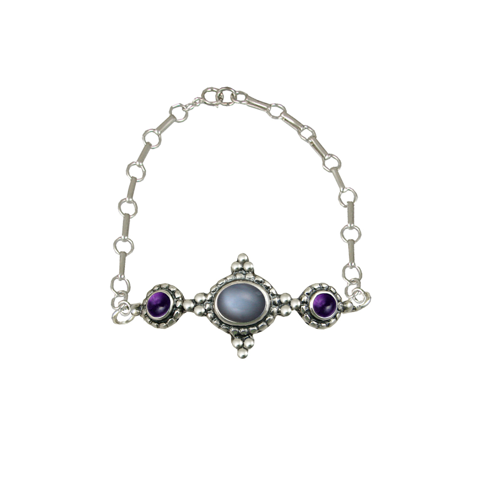 Sterling Silver Gemstone Adjustable Chain Bracelet With Grey Moonstone And Amethyst